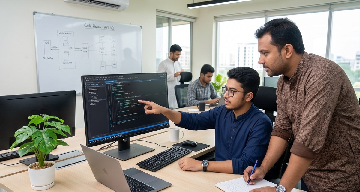 Engineers reviewing code together at a desk