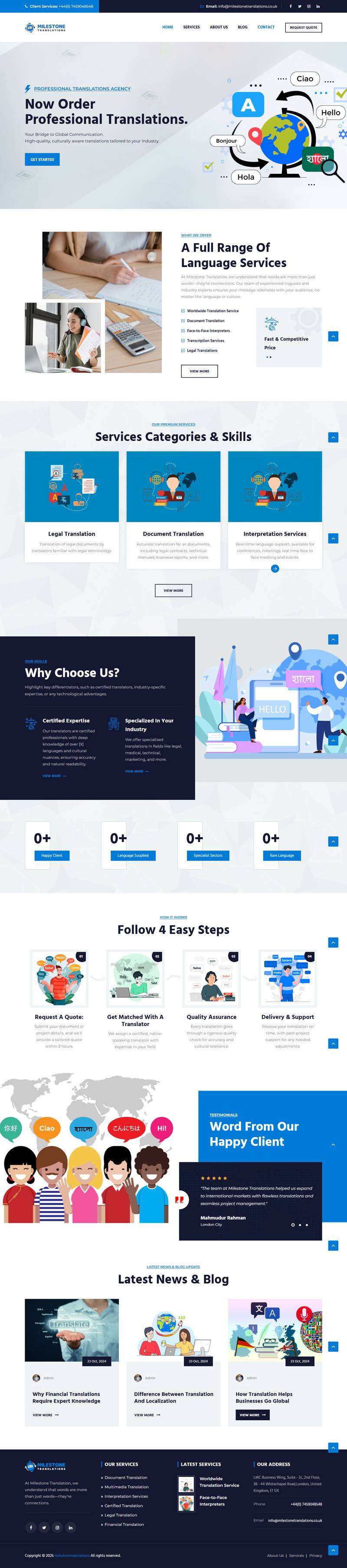 Milestone Translations — full website screenshot